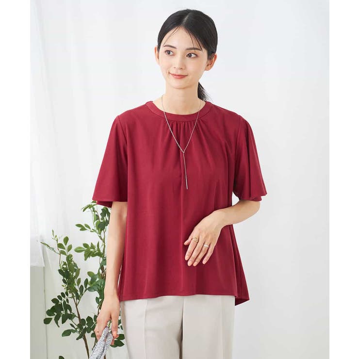 レッド | 【接触冷感/UVカット】ギャザーネックフレアスリーブトップス | a.v.v【WOMEN】