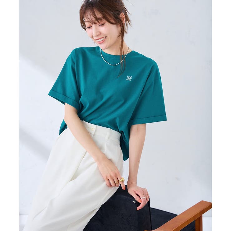 グリーン | 大人のクロップド刺繍Tシャツ【UVカット・接触冷感】 | a.v.v【WOMEN】