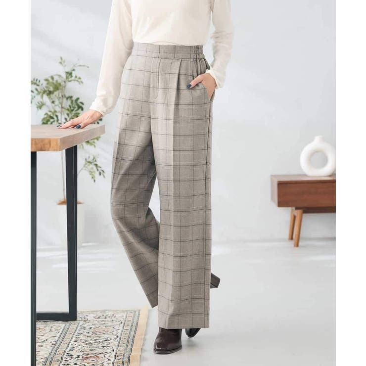 グレンチェック | 裏起毛美ラクるスッキリ見えチェックワイドパンツ | a.v.v【WOMEN】