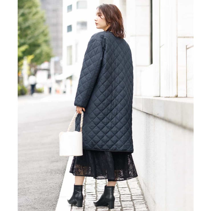 洗濯機で洗える】ノーカラーキルティングロングコート[品番