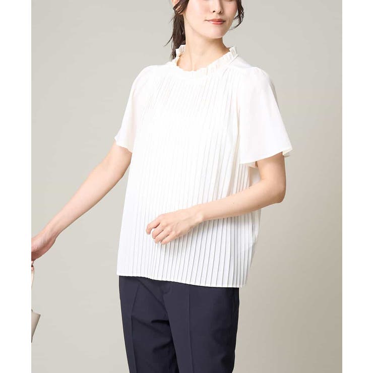 ホワイト | 【洗える】フリルネックプリーツブラウス | a.v.v【WOMEN】