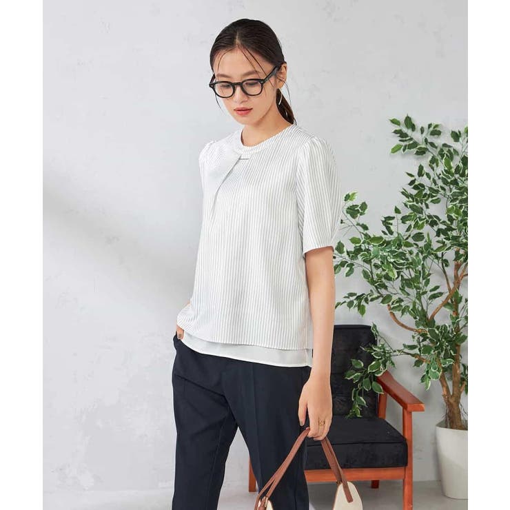 ストライプ | 【ストレッチ/洗える】チャーム付きボウタイブラウス | a.v.v【WOMEN】