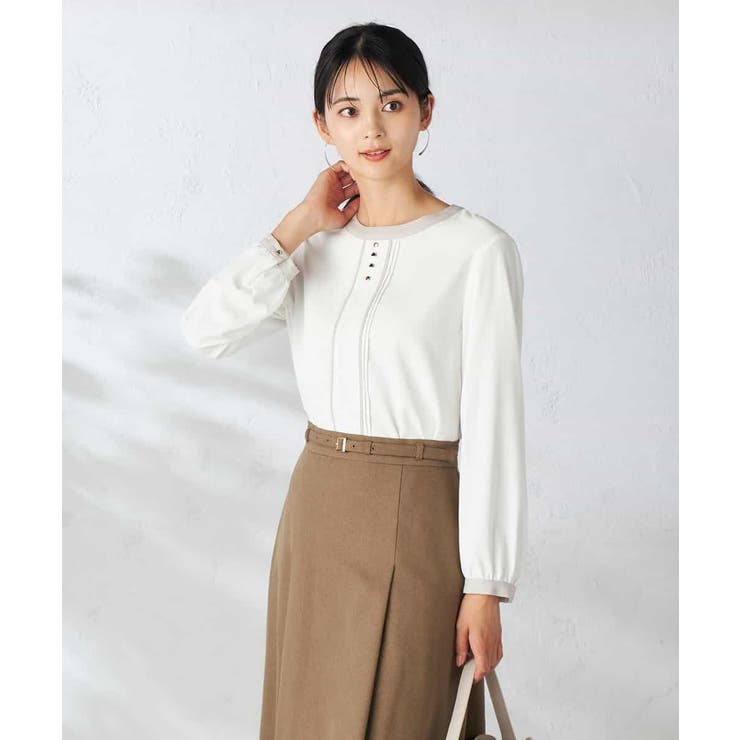 ホワイト | 【洗える】バイカラーピンタックブラウス | a.v.v【WOMEN】