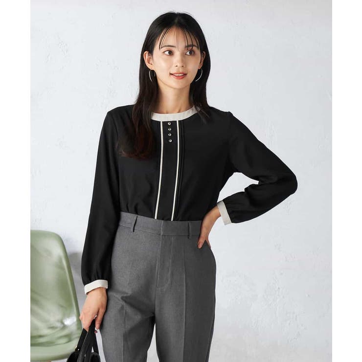 ブラック | 【洗える】バイカラーピンタックブラウス | a.v.v【WOMEN】