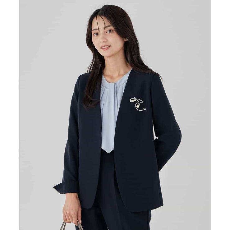 ネイビー | 【洗える ストレッチ セットアップ対応】ダブルクロスVネックノーカラージャケット | a.v.v【WOMEN】