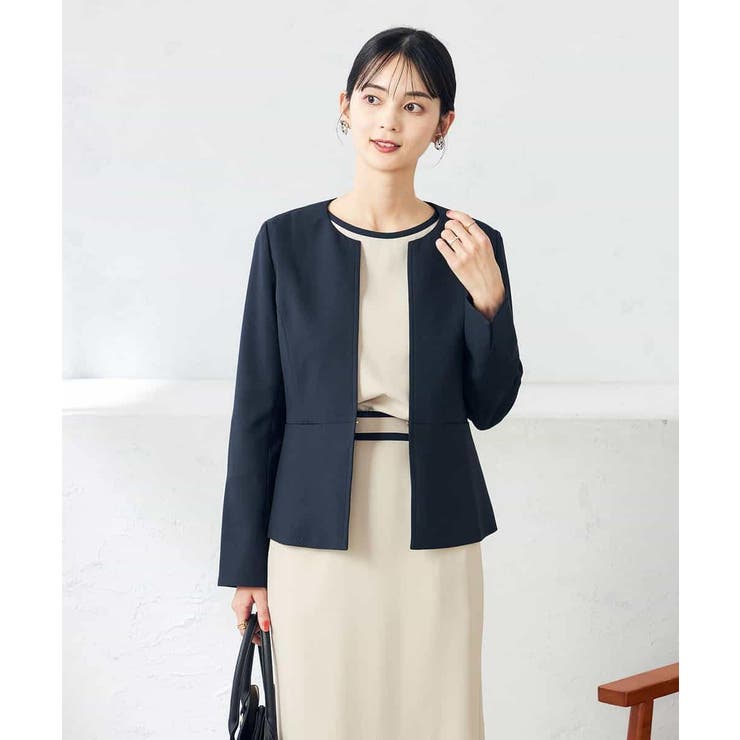 ネイビー | 【洗える/ストレッチ/UVカット】麻調ストレッチキーネックジャケット | a.v.v【WOMEN】