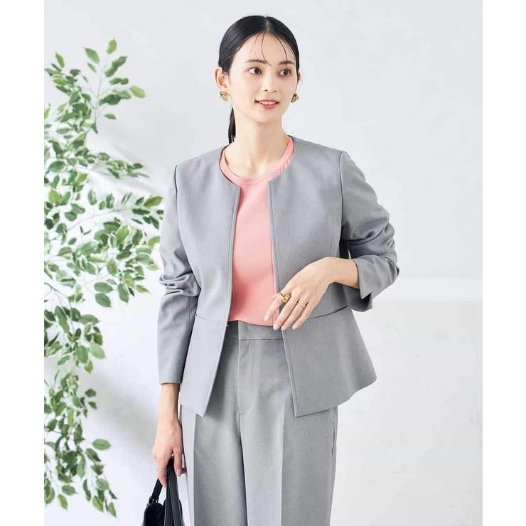 グレー | 【洗える/ストレッチ/UVカット】麻調ストレッチキーネックジャケット | a.v.v【WOMEN】