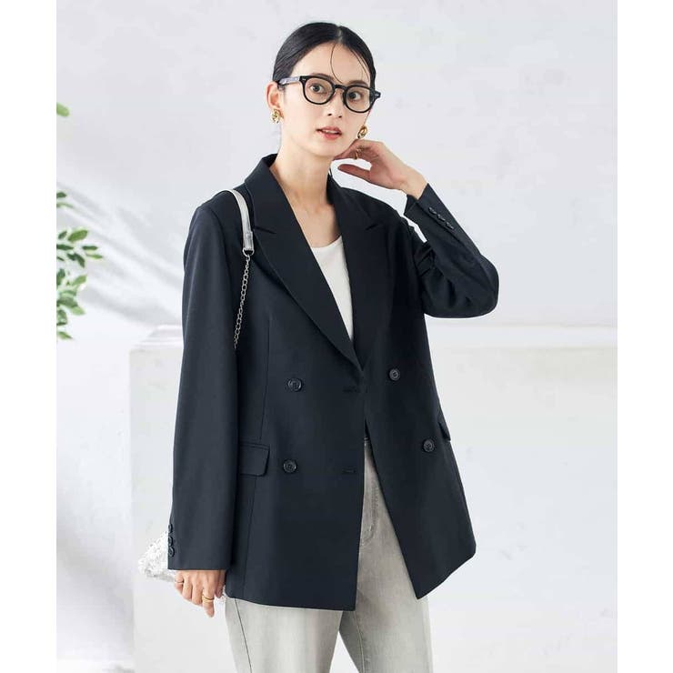 ネイビー | 【洗える/ストレッチ/UVカット】麻調ストレッチダブルブレストジャケット | a.v.v【WOMEN】