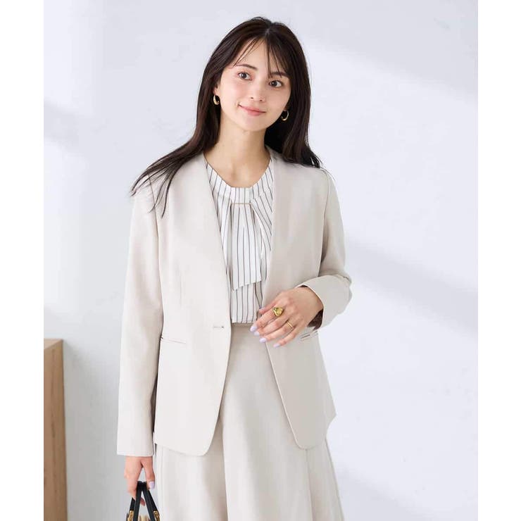ベージュ | 【洗える/UVカット】リネンライクストレッチノーカラージャケット | a.v.v【WOMEN】