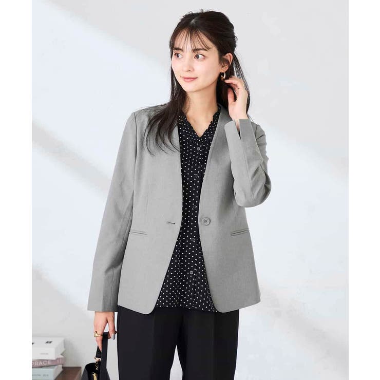 グレー | 【洗える/UVカット】リネンライクストレッチノーカラージャケット | a.v.v【WOMEN】