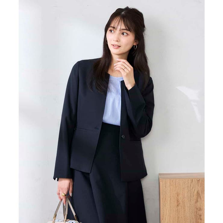 ネイビー | 【洗える/UVカット】リネンライクストレッチキーネックジャケット | a.v.v【WOMEN】