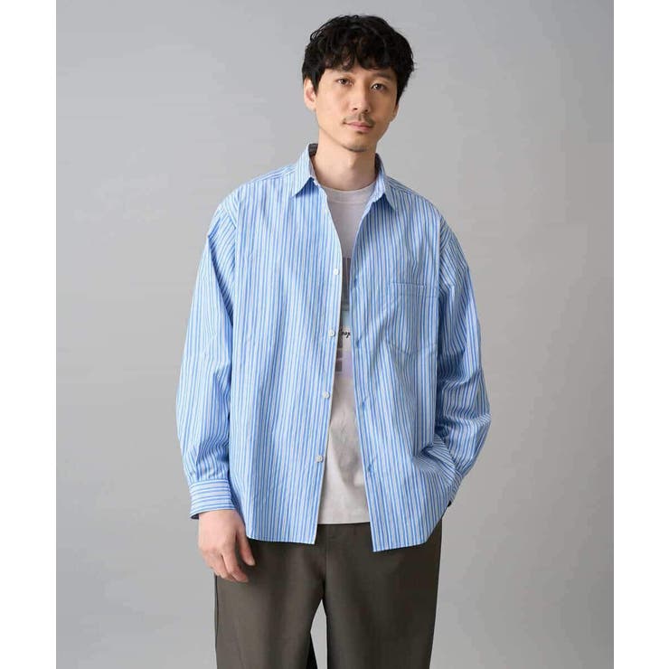 ブルー | 【洗濯機で洗える/毛玉になりにくい】ワイドストレッチストライプシャツ | a.v.v【MEN】