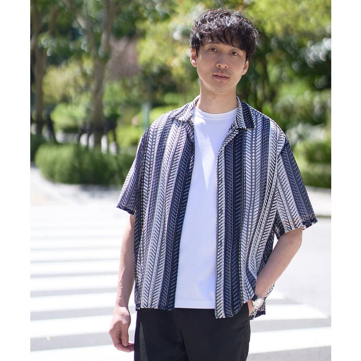 ブルー | 【洗える】ランダムストライプ五分袖オープンカラーシャツ | a.v.v【MEN】