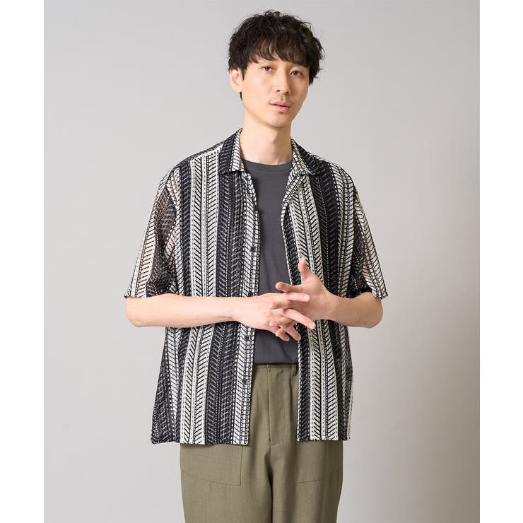 ブラック | 【洗える】ランダムストライプ五分袖オープンカラーシャツ | a.v.v【MEN】