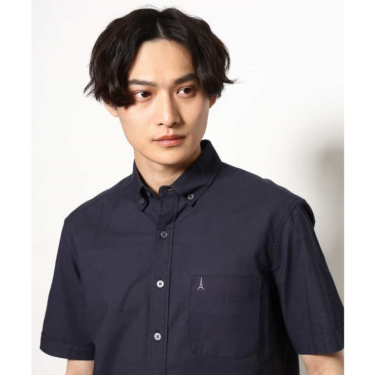 ネイビー | 【接触冷感/イージーケア】エッフェル塔刺繍オックスシャツ 半袖 | a.v.v【MEN】