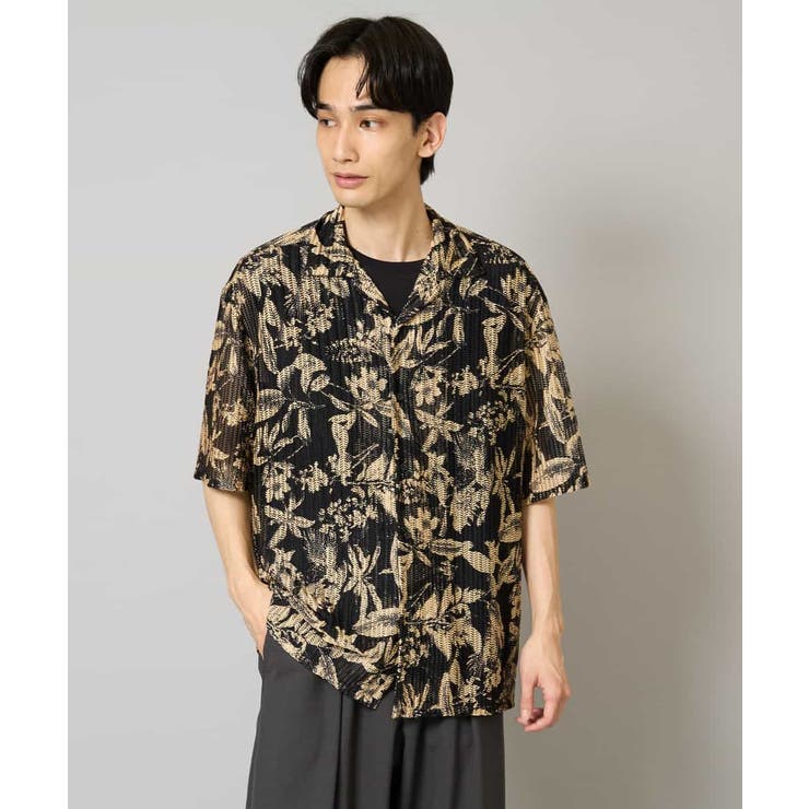ブラック×ベージュ柄 | 【洗濯機で洗える】メッシュニットダークフラワー五分袖オープンカラーシャツ | a.v.v【MEN】