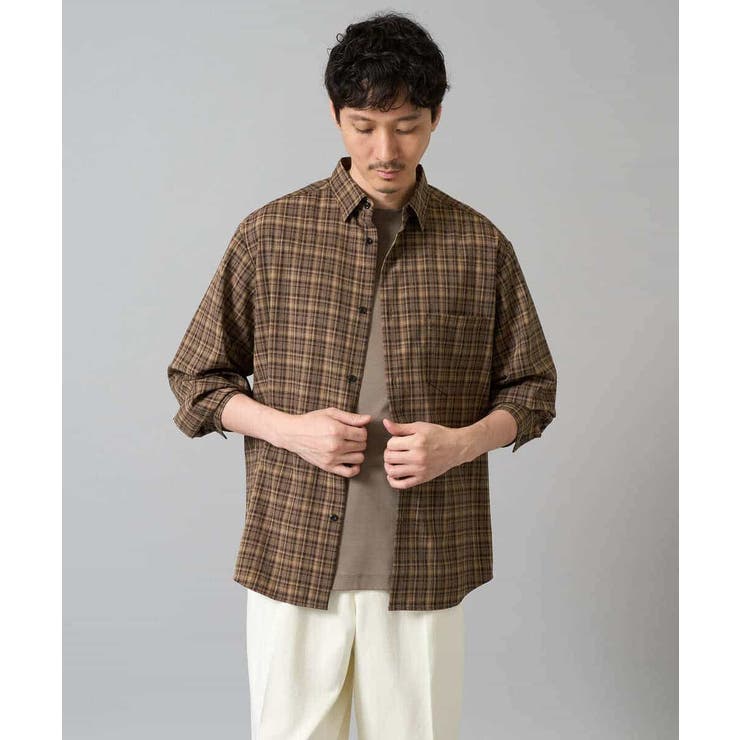 ブラウン | 【イージーケア/洗濯機で洗える】チェックワイドシルエットシャツ | a.v.v【MEN】
