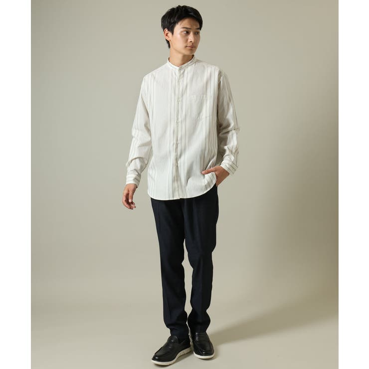 【やわらかい着心地】ランダムストライプ柄ツイルセミワイドシルエットバンドシャツ | a.v.v【MEN】 | 詳細画像14 