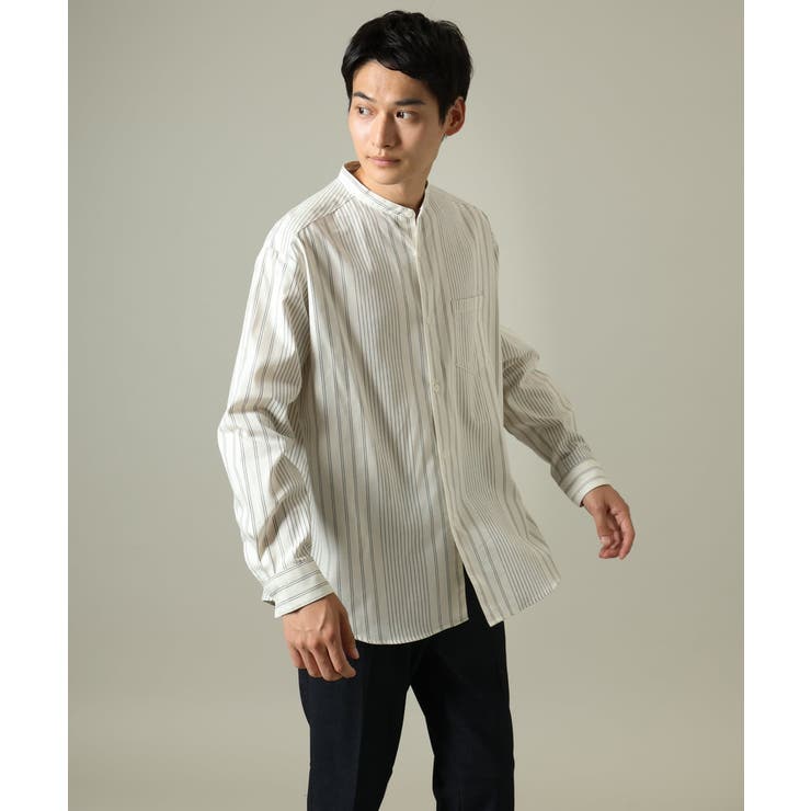 【やわらかい着心地】ランダムストライプ柄ツイルセミワイドシルエットバンドシャツ | a.v.v【MEN】 | 詳細画像19 