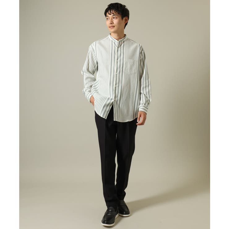 【やわらかい着心地】ランダムストライプ柄ツイルセミワイドシルエットバンドシャツ | a.v.v【MEN】 | 詳細画像2 