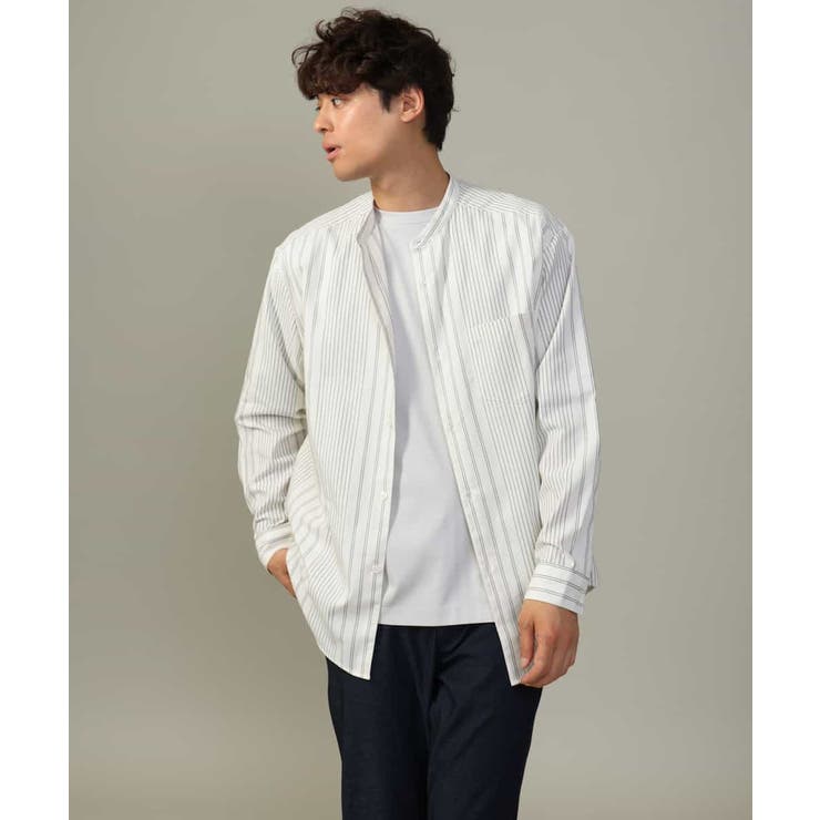 【やわらかい着心地】ランダムストライプ柄ツイルセミワイドシルエットバンドシャツ | a.v.v【MEN】 | 詳細画像25 