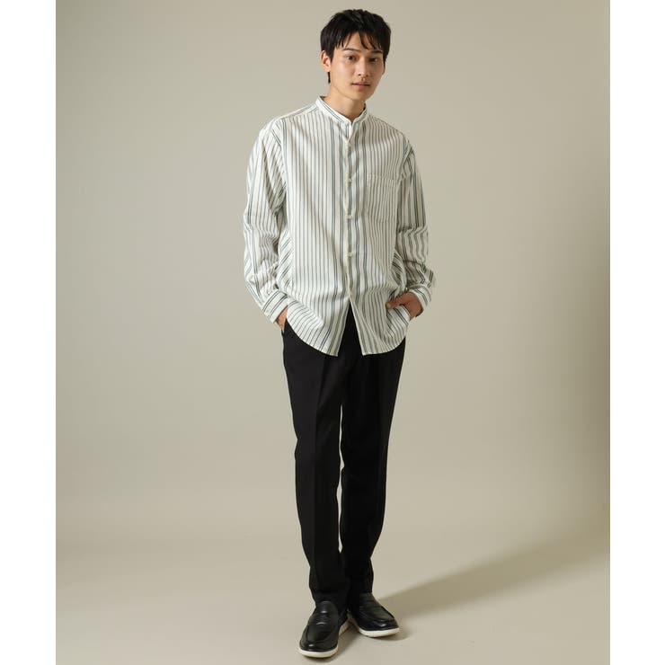 【やわらかい着心地】ランダムストライプ柄ツイルセミワイドシルエットバンドシャツ | a.v.v【MEN】 | 詳細画像3 