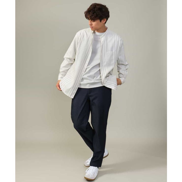 【やわらかい着心地】ランダムストライプ柄ツイルセミワイドシルエットバンドシャツ | a.v.v【MEN】 | 詳細画像9 