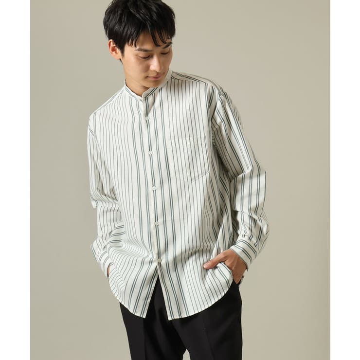グリーンストライプ | 【やわらかい着心地】ランダムストライプ柄ツイルセミワイドシルエットバンドシャツ | a.v.v【MEN】