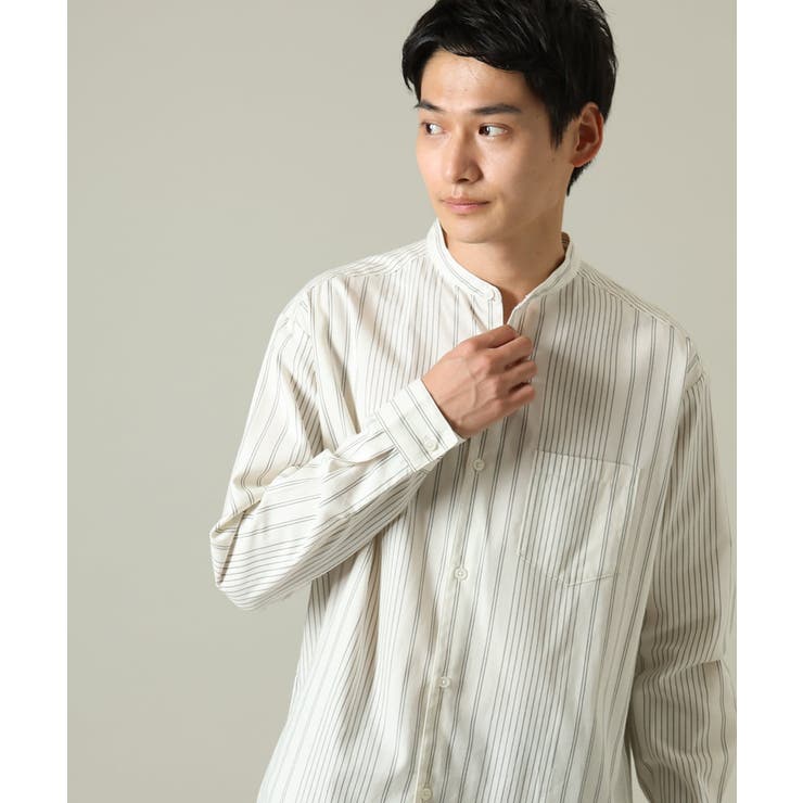 ブラックストライプ | 【やわらかい着心地】ランダムストライプ柄ツイルセミワイドシルエットバンドシャツ | a.v.v【MEN】