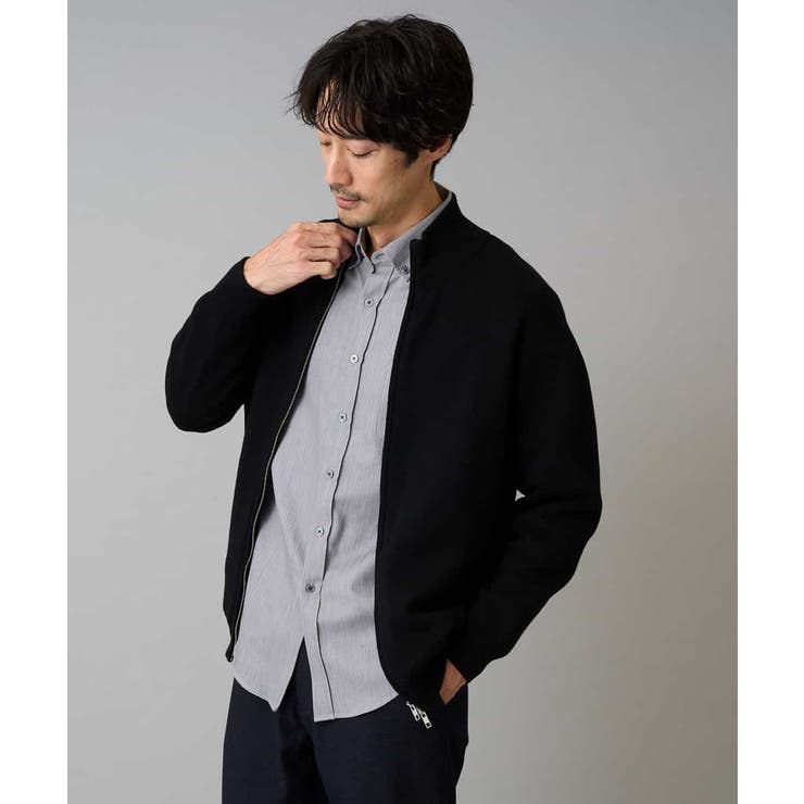 ブラック | 【洗濯機で洗える】ダブルフェイスニットスタンドジップカーディガン | a.v.v【MEN】