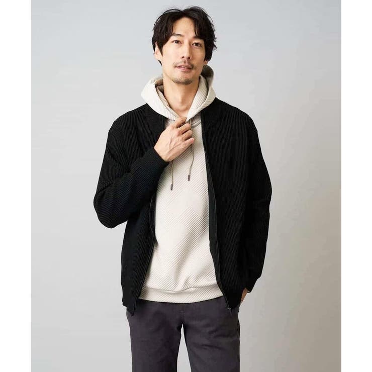 ブラック | 【洗濯機で洗える】ポリエステルリブニットジップアップカーディガン | a.v.v【MEN】