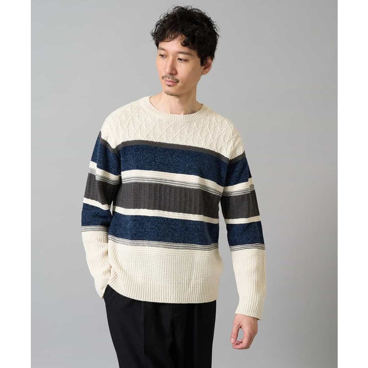 ダークブルー系 | 【洗濯機で洗える】モールボーダークルーネックニット | a.v.v【MEN】