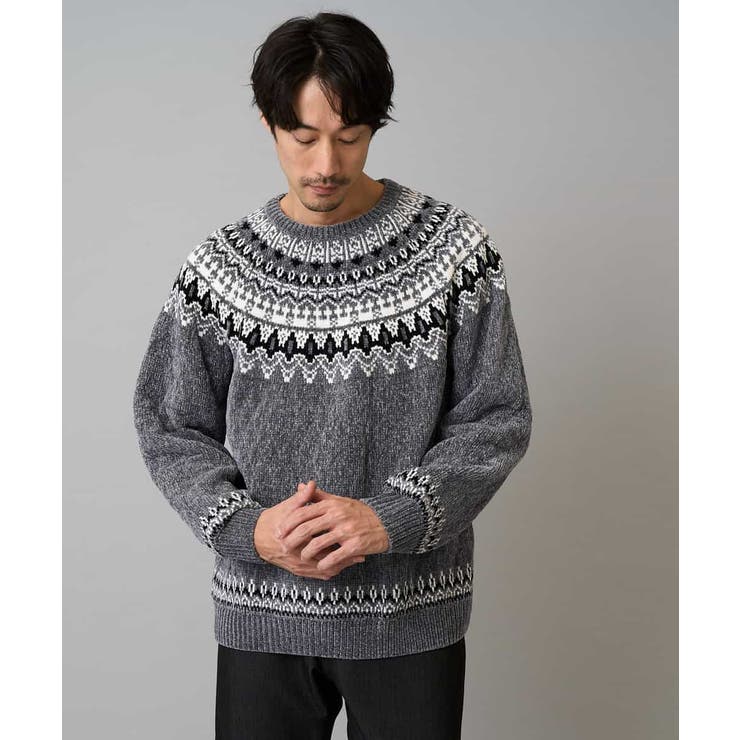 グレー | 【洗える】モール求心柄クルーネックニット | a.v.v【MEN】