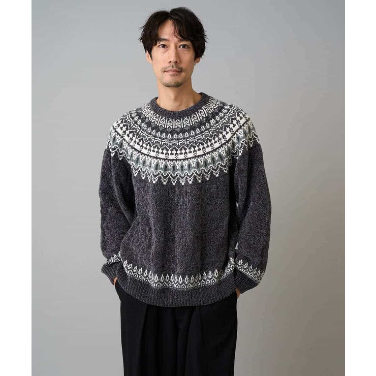 ダークグレー | 【洗える】モール求心柄クルーネックニット | a.v.v【MEN】