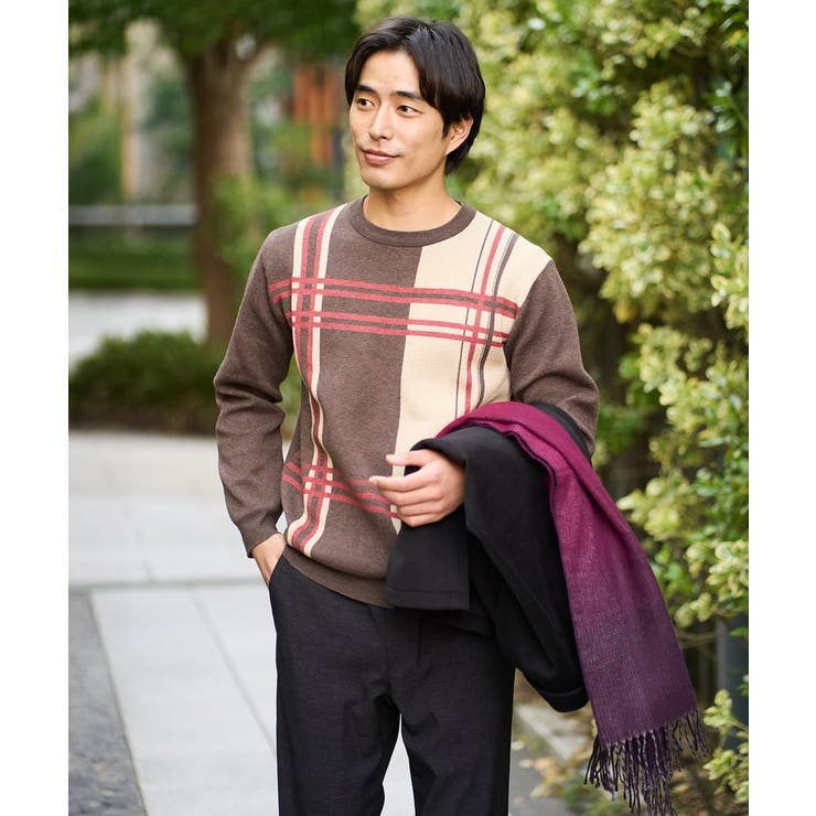 【洗濯機で洗える】チェックジャカードクルーネックニット | a.v.v【MEN】 | 詳細画像1 