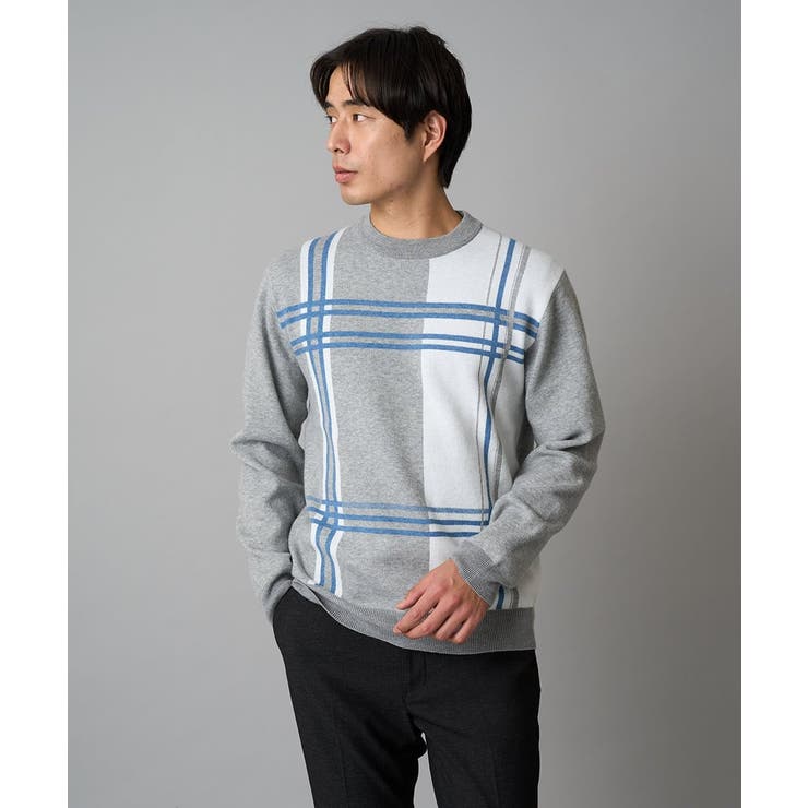 グレー | 【洗濯機で洗える】チェックジャカードクルーネックニット | a.v.v【MEN】