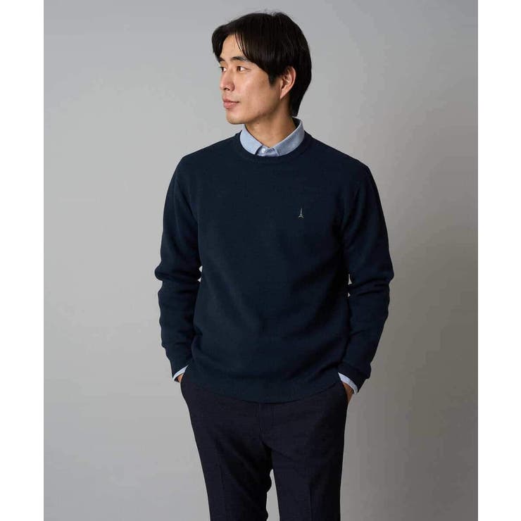ネイビー | 【洗濯機で洗える】ジャカードクルーネックニット | a.v.v【MEN】