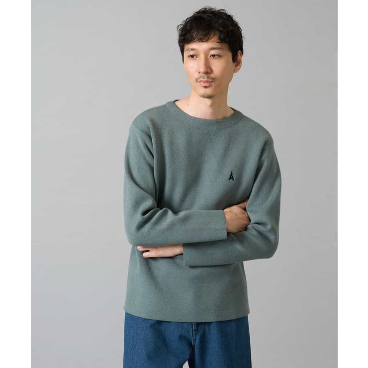 グリーン | 【洗濯機で洗える】ワンポイント刺繍ボートネックニット | a.v.v【MEN】