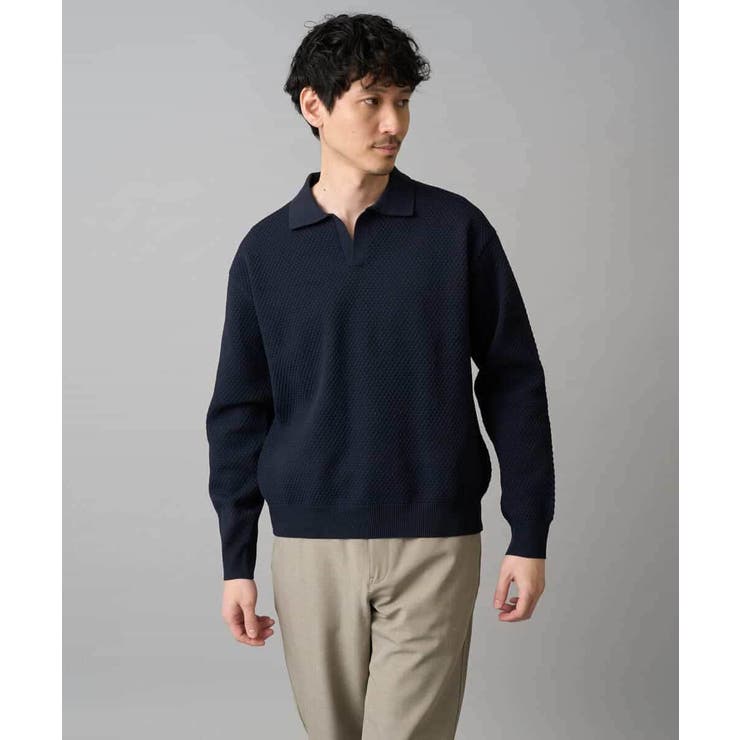 ネイビー | 【洗濯機で洗える】ポップコーンスキッパーニットポロ | a.v.v【MEN】