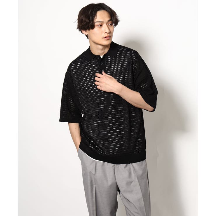 【洗濯機で洗える】メッシュ編みワイドシルエットニットポロ ５分袖 | a.v.v【MEN】 | 詳細画像5 