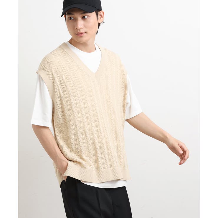 【洗濯機で洗える/2SET】透かし編ニットベスト（レイヤードカットソー付き） | a.v.v【MEN】 | 詳細画像1 