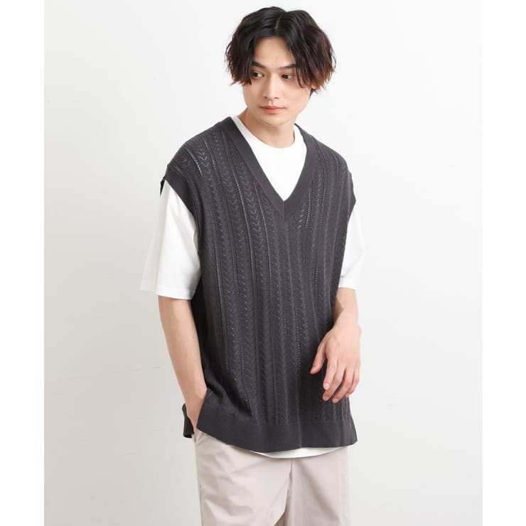 【洗濯機で洗える/2SET】透かし編ニットベスト（レイヤードカットソー付き） | a.v.v【MEN】 | 詳細画像12 
