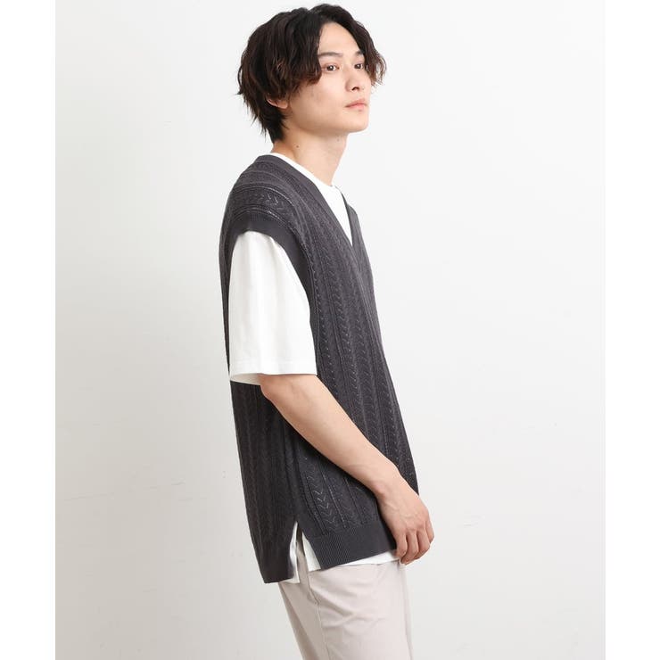【洗濯機で洗える/2SET】透かし編ニットベスト（レイヤードカットソー付き） | a.v.v【MEN】 | 詳細画像13 