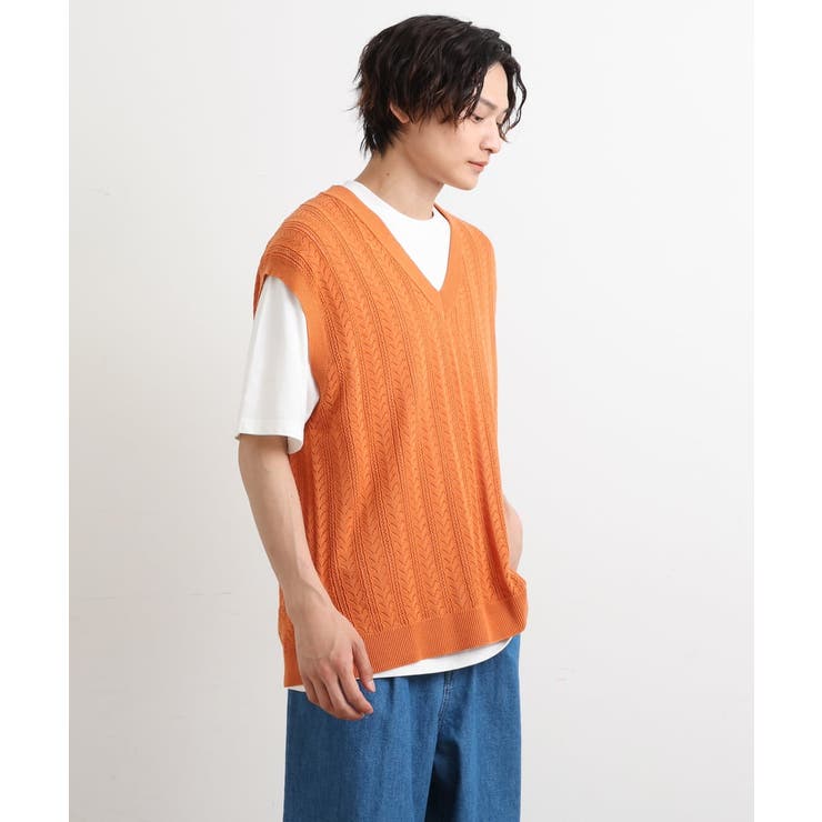 【洗濯機で洗える/2SET】透かし編ニットベスト（レイヤードカットソー付き） | a.v.v【MEN】 | 詳細画像15 