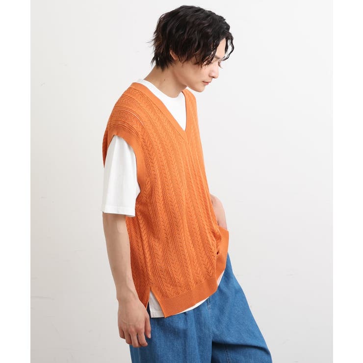【洗濯機で洗える/2SET】透かし編ニットベスト（レイヤードカットソー付き） | a.v.v【MEN】 | 詳細画像16 