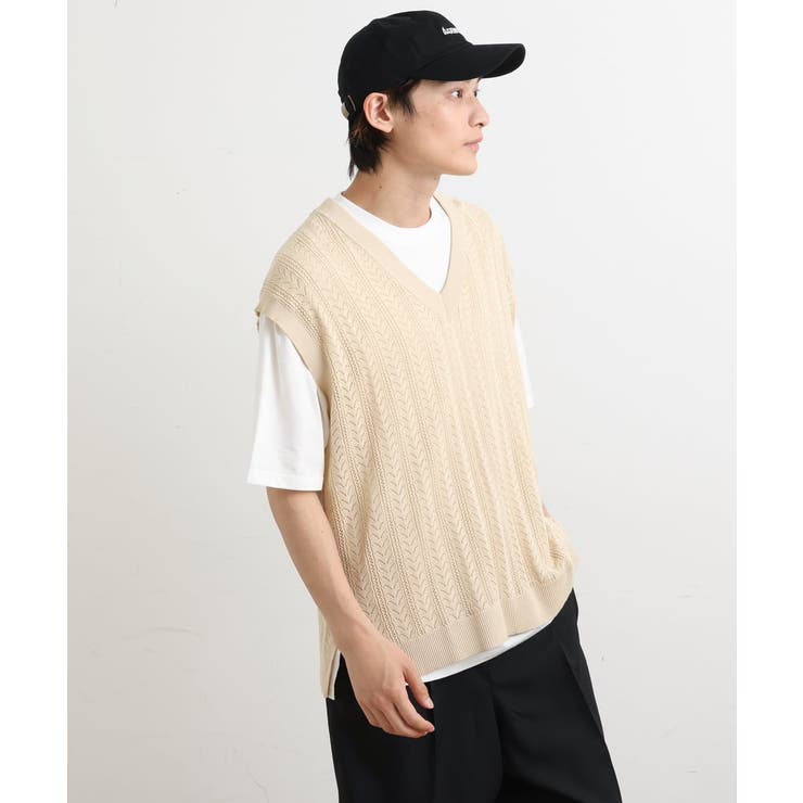 【洗濯機で洗える/2SET】透かし編ニットベスト（レイヤードカットソー付き） | a.v.v【MEN】 | 詳細画像17 