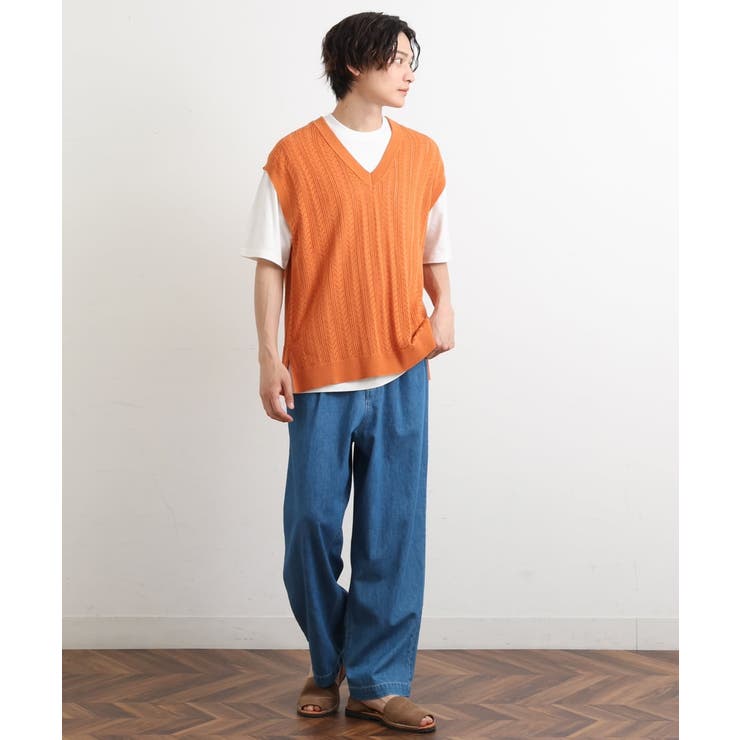 【洗濯機で洗える/2SET】透かし編ニットベスト（レイヤードカットソー付き） | a.v.v【MEN】 | 詳細画像5 