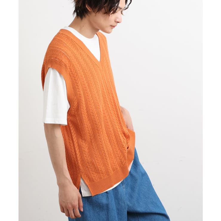 オレンジ | 【洗濯機で洗える/2SET】透かし編ニットベスト（レイヤードカットソー付き） | a.v.v【MEN】