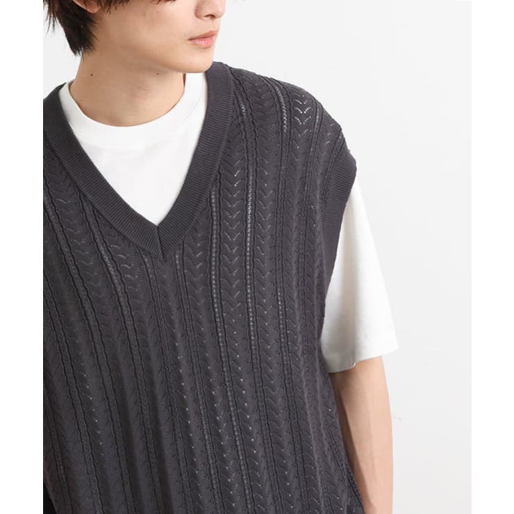 ダークグレー | 【洗濯機で洗える/2SET】透かし編ニットベスト（レイヤードカットソー付き） | a.v.v【MEN】