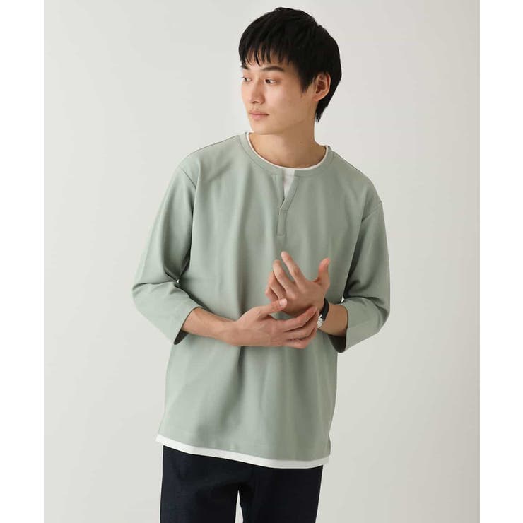 ライトグリーン | 【イージーケア/接触冷感】梨地フェイクレイヤードカットソー | a.v.v【MEN】